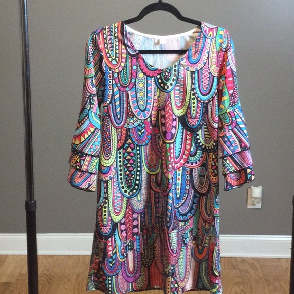 Dresses & Skirts - S Multi-colored whimsical dress with 3 tiered bell sleeves